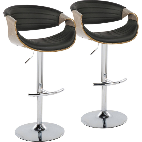 Symphony Adjustable Swivel Bar Stool in Chrome, Light Grey Wood & Black Leatherette (Set of 2)